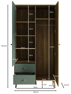 Wally - Kledingkast 2-deurs - Licht eiken/groen - 95x52x186 cm