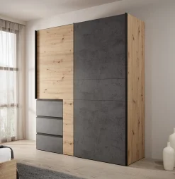 Walter - Kledingkast met schuifdeuren - Eiken/grijs - 170x61x200 cm