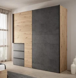 Walter - Kledingkast met schuifdeuren - Eiken/grijs - 200x61x200 cm