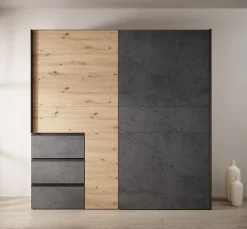 Walter - Kledingkast met schuifdeuren - Eiken/grijs - 200x61x200 cm