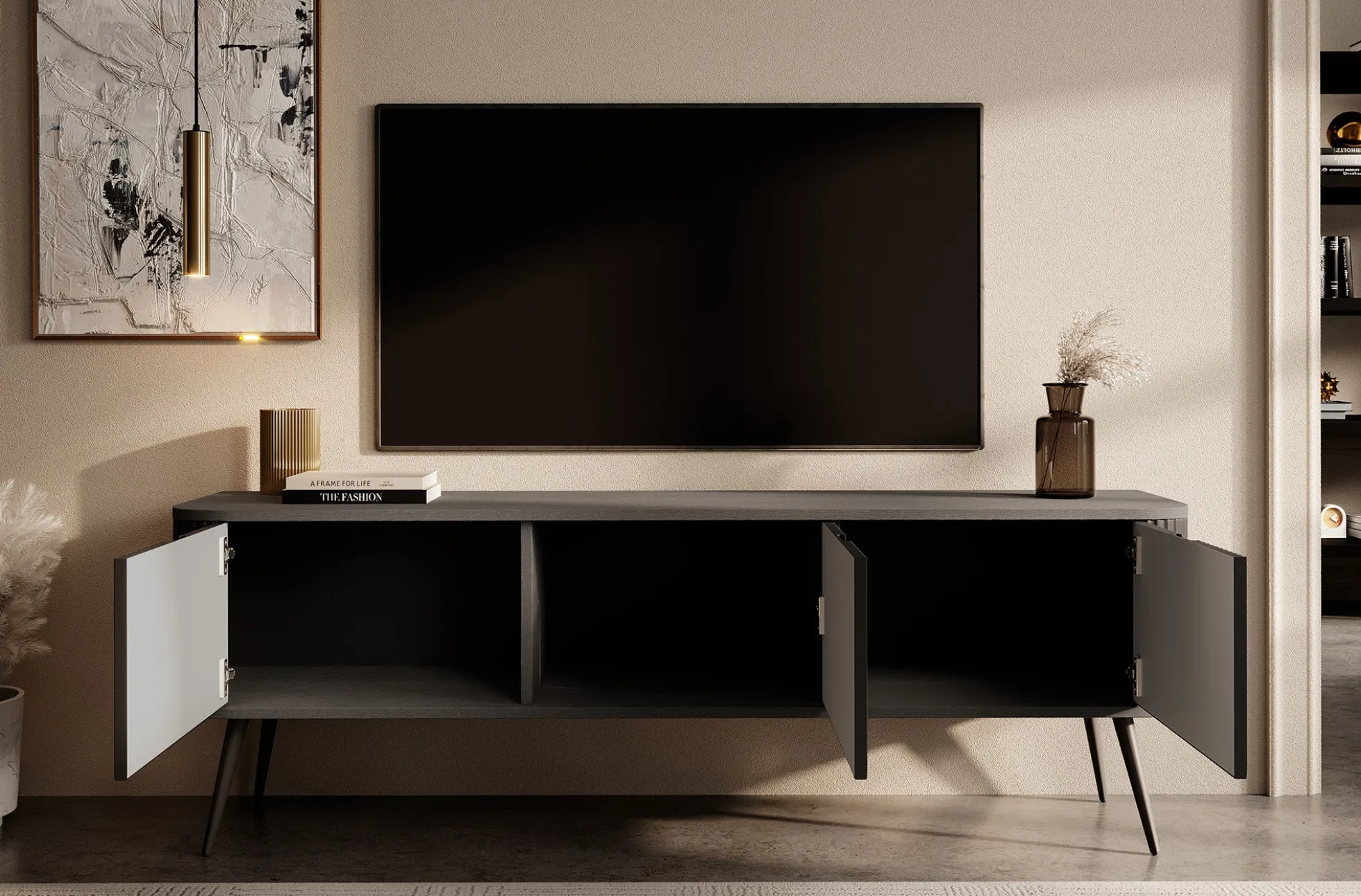 Zakari - TV-Meubel met 3 deuren - Zwart - 168 cm